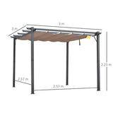3m x 3m Aluminium Pergola – Brown Retractable Canopy Roof with Pulley System, UV & Water Resistant Garden Shade Shelter with Drainage Grommets