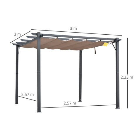 3m x 3m Aluminium Pergola – Brown Retractable Canopy Roof with Pulley System, UV & Water Resistant Garden Shade Shelter with Drainage Grommets