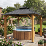 3x3M Wooden-Style Hardtop Gazebo with 2-Tier Galvanised Steel Roof, Aluminium Posts & Grey Outdoor Patio Canopy Shelter for Garden, Decking and Pergola Spaces
