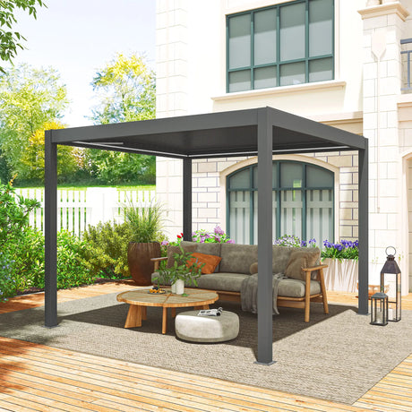 3m x 3m Electric Louvered Aluminium Pergola – Remote Control Roof, Built-In LED Lights, Integrated Drainage, UV & Water Resistant Hardtop Gazebo