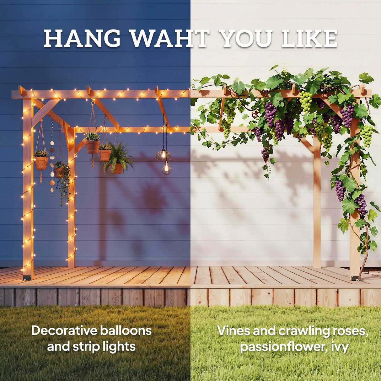 4x3m Wooden Pergola Kit with Triangle Supports – Garden Gazebo Grape Trellis Frame, 6-Beam Maple Wood-Effect Design