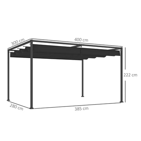 4m x 3m Metal Pergola – Black Retractable Canopy Roof, Outdoor Patio Garden Shade She