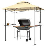 8' x 5' Beige Double Tiered BBQ Grill Gazebo Canopy with LED Lights, 2 Side Shelves & Hooks