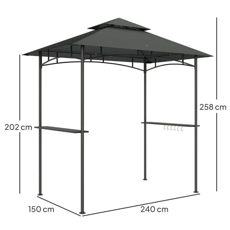 8' x 5' Dark Grey Double Tiered BBQ Grill Gazebo Canopy with LED Lights, 2 Side Shelves and Hooks