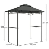 8' x 5' Dark Grey Double Tiered BBQ Grill Gazebo Canopy with LED Lights, 2 Side Shelves and Hooks