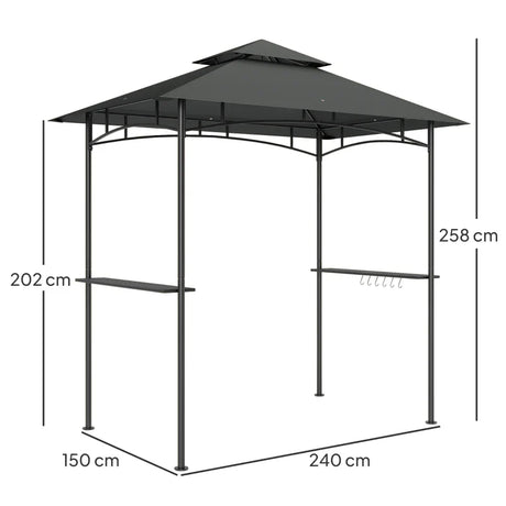 8' x 5' Dark Grey Double Tiered BBQ Grill Gazebo Canopy with LED Lights, 2 Side Shelves and Hooks