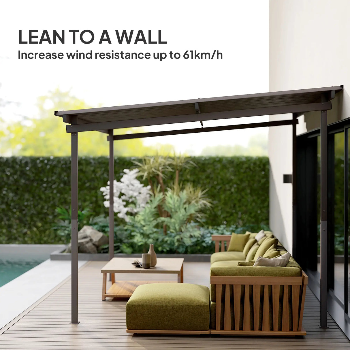 3m x 3m Lean-To Metal Pergola – Brown Wall Mounted Outdoor Patio Shade Shelter