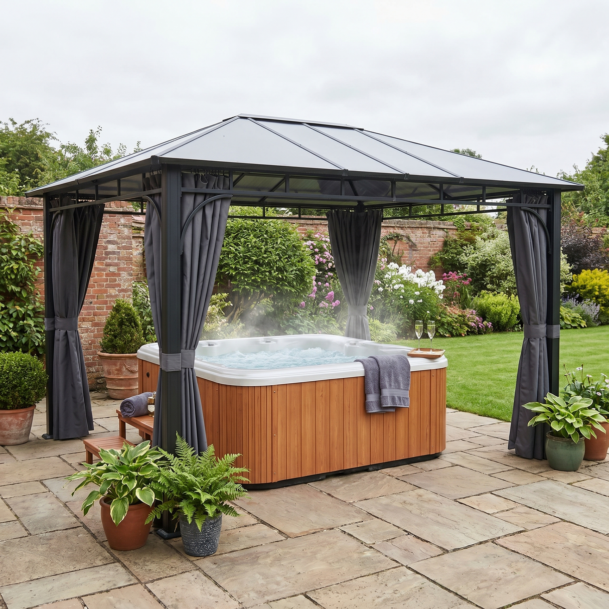 3m x 4m Hardtop Gazebo with 6 mm Polycarbonate Roof, Aluminium Permanent Garden Pavilion with Curtains, Dark Grey Outdoor Patio Canopy for Sun, Rain & Privacy