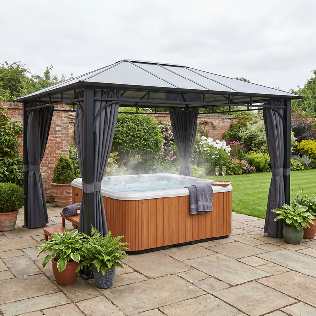 3m x 4m Hardtop Gazebo with 6 mm Polycarbonate Roof, Aluminium Permanent Garden Pavilion with Curtains, Dark Grey Outdoor Patio Canopy for Sun, Rain & Privacy
