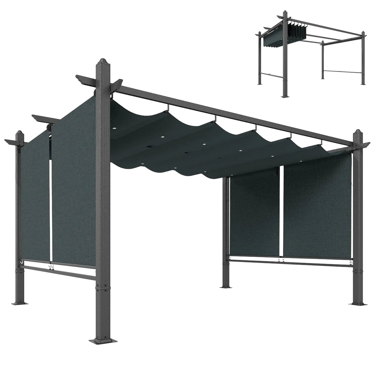 4m x 3m Garden Pergola with Retractable Roof Canopy & Roll-Up Side Panels – Modern Outdoor Gazebo Shelter, Adjustable Sun Shade Patio Cover, Dark Grey