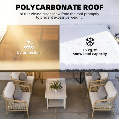 3.6m x 3m Lean-To Metal Pergola with Polycarbonate Hardtop Roof & Drainage Gutters – Aluminium Wall-Mounted Gazebo Patio Cover, Modern Outdoor Shelter, Dark Grey