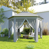 3x4m Dark Grey Hexagon Garden Gazebo - Pop Up Party Tent Canopy with Double Roof, Netting & Carry Bag for Outdoor Patio
