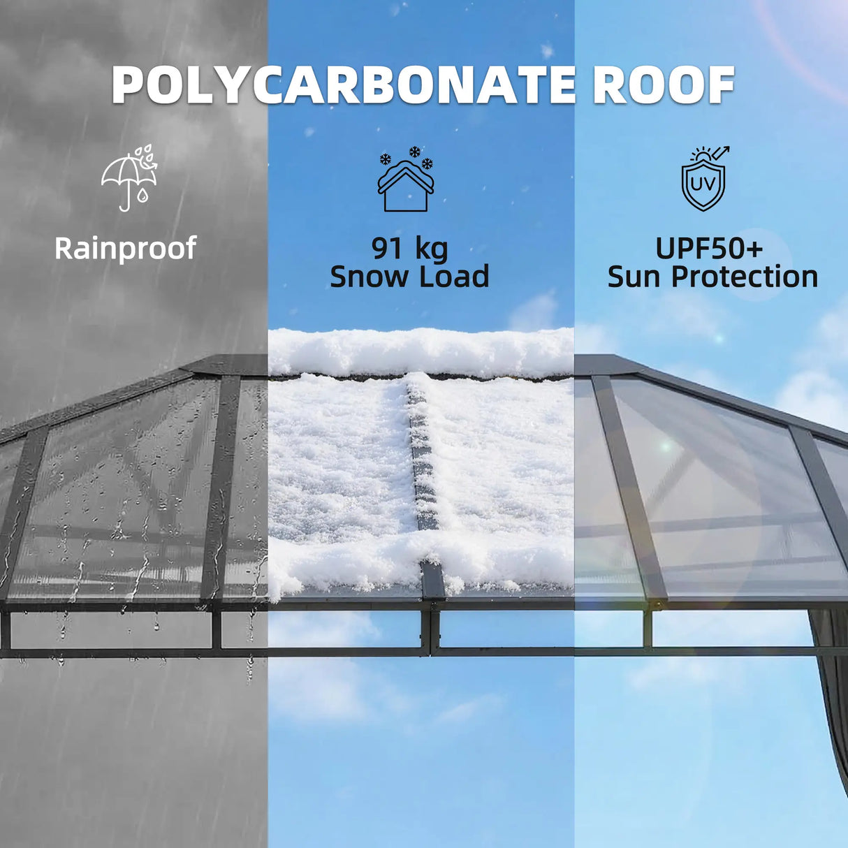 3m x 4m Hardtop Gazebo with 6 mm Polycarbonate Roof, Aluminium Permanent Garden Pavilion with Curtains, Dark Grey Outdoor Patio Canopy for Sun, Rain & Privacy