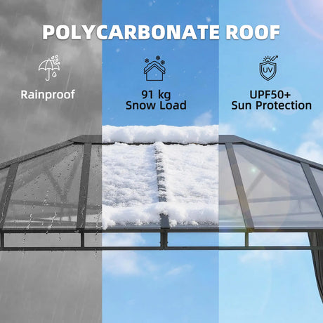3m x 4m Hardtop Gazebo with 6 mm Polycarbonate Roof, Aluminium Permanent Garden Pavilion with Curtains, Dark Grey Outdoor Patio Canopy for Sun, Rain & Privacy