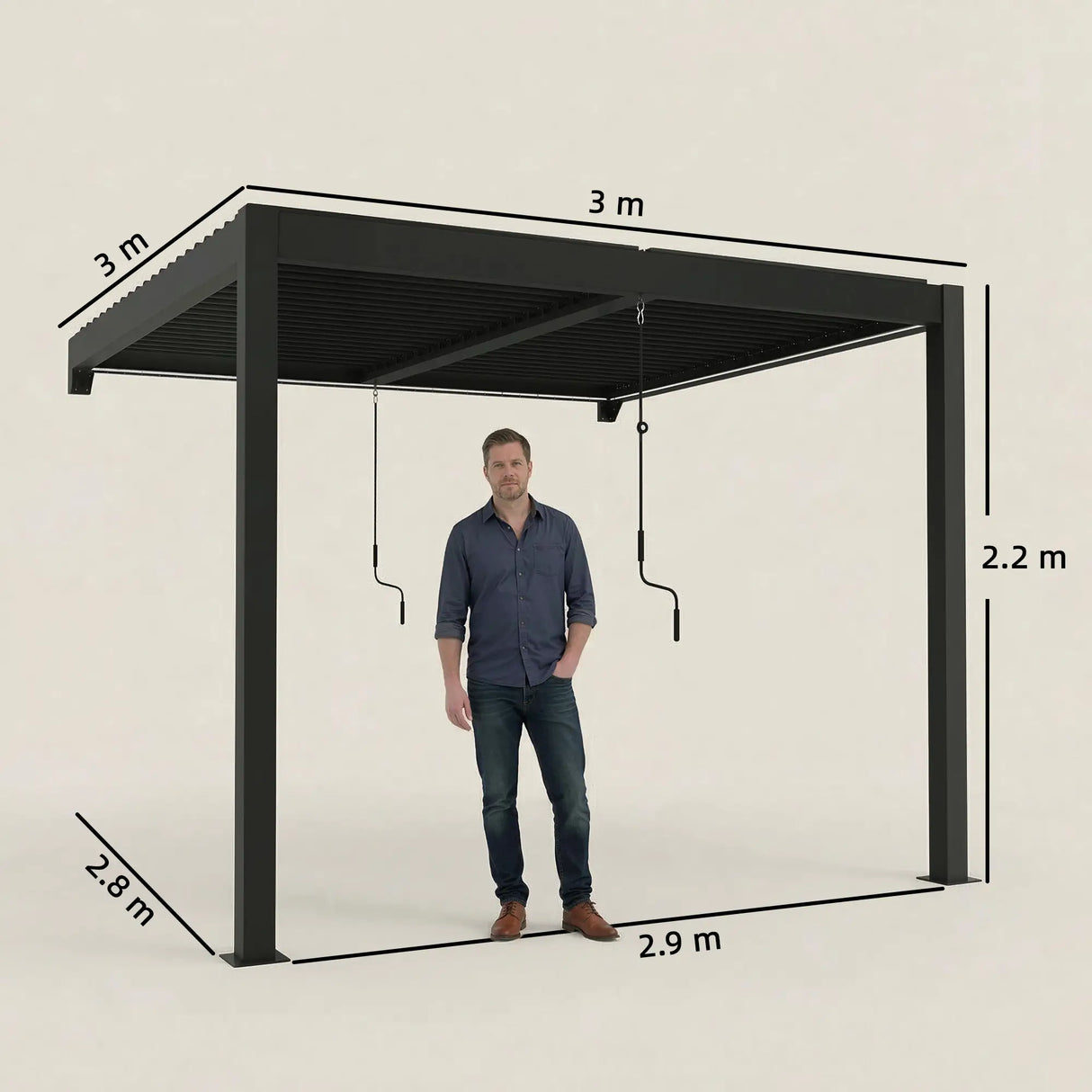 3x3m Wall Mounted Louvered Pergola with LED Lights, Aluminium Frame & Adjustable Metal Roof – Dark Grey Patio Gazebo