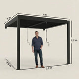 3x3m Wall Mounted Louvered Pergola with LED Lights, Aluminium Frame & Adjustable Metal Roof – Dark Grey Patio Gazebo