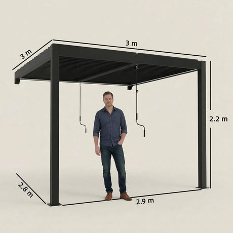 3x3m Wall Mounted Louvered Pergola with LED Lights, Aluminium Frame & Adjustable Metal Roof – Dark Grey Patio Gazebo