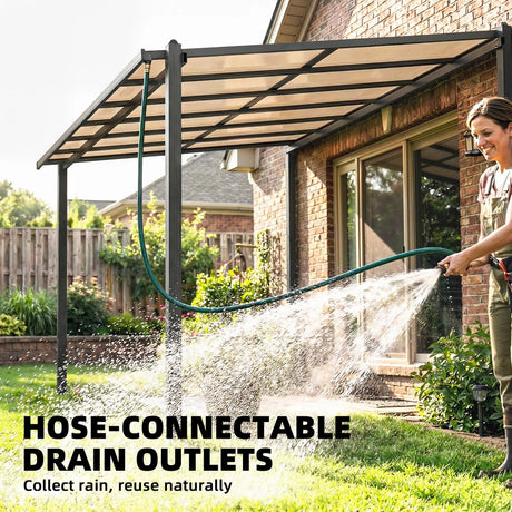 3.6m x 3m Lean-To Metal Pergola with Polycarbonate Hardtop Roof & Drainage Gutters – Aluminium Wall-Mounted Gazebo Patio Cover, Modern Outdoor Shelter, Dark Grey