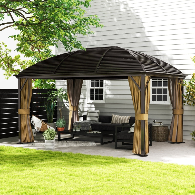 3 x 4m Hardtop Gazebo Canopy - Brown Aluminium Pavilion with Metal Roof, Netting & Curtains