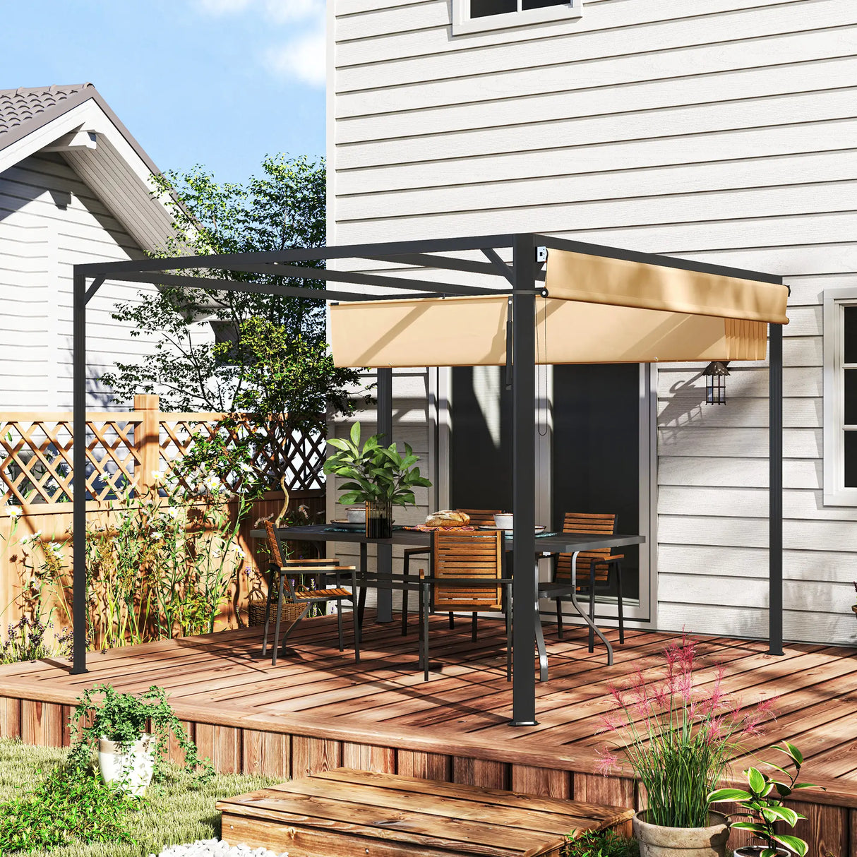 3m x 3m Aluminium Pergola – Khaki Retractable Roof with Side Wall, Outdoor Patio Shade Shelter