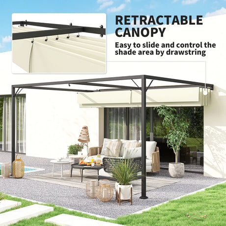 4m x 3m Metal Pergola with Retractable Sliding Canopy – Cream Garden Shade Gazebo for Patio & Deck
