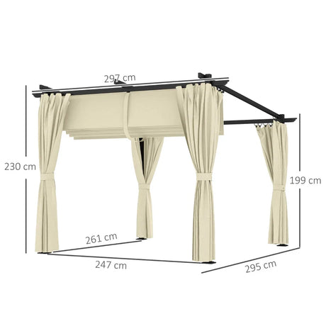3m x 3m Retractable Roof Pergola – Beige Canopy with Curtains, Outdoor Patio Shade Shelter