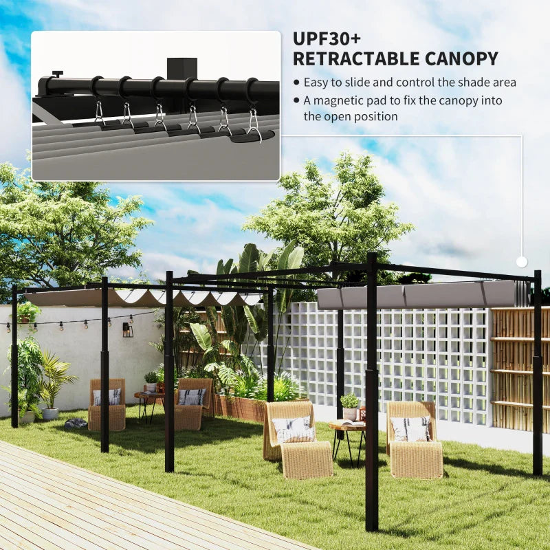 3m x 3m Retractable Garden Pergola – Grey Canopy Roof with Magnetic Fixing System, Outdoor Patio Shade Shelter