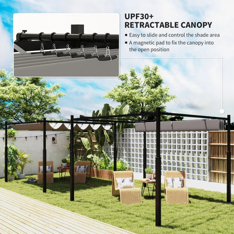 3m x 3m Retractable Garden Pergola – Grey Canopy Roof with Magnetic Fixing System, Outdoor Patio Shade Shelter