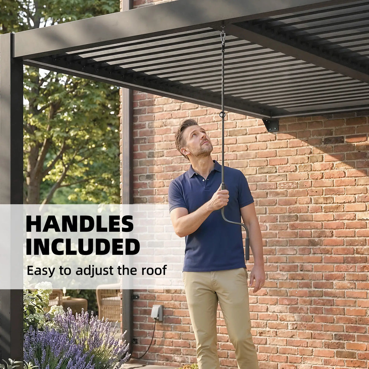 3x3m Wall Mounted Louvered Pergola with LED Lights, Aluminium Frame & Adjustable Metal Roof – Dark Grey Patio Gazebo