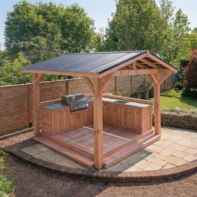 Planed Larch Pergola - Metal Corrugated Roof - Apex Structure - With Overhang