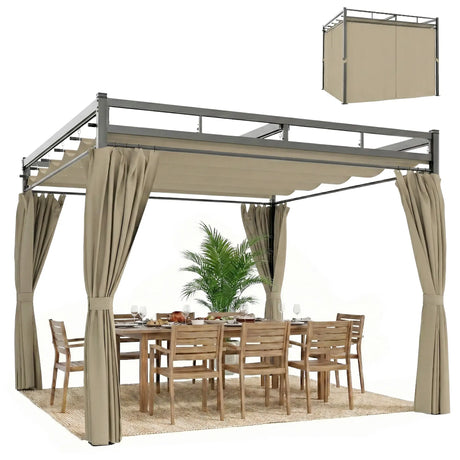 3m x 3m Pergola with Retractable Roof Canopy – UPF30+ Metal Garden Gazebo with Curtains, Outdoor Sun Shade Shelter in Khaki