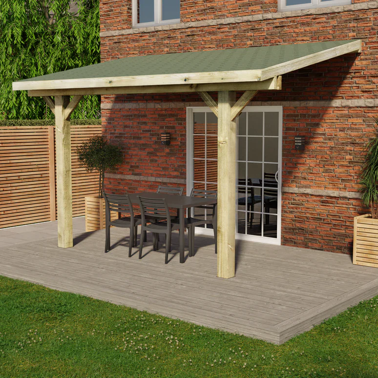 Wooden Lean-To Gazebo with Katepal Green Shingle Roof - Premium Wall-Mounted Garden Gazebo