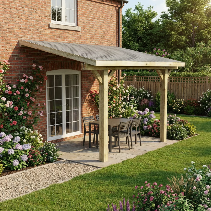 Wooden Lean-To Gazebo with Katepal Grey Shingle Roof - Premium Wall-Mounted Garden Gazebo