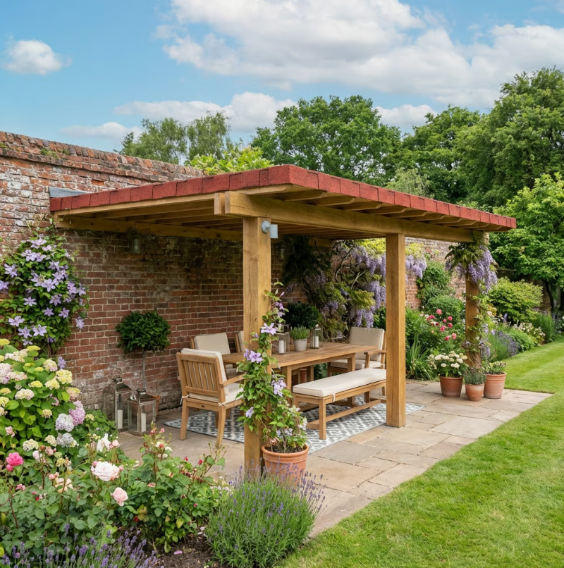 Oak Lean-To Gazebo with Katepal Red Shingle Roof