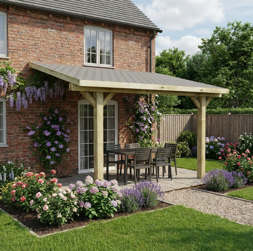 Wooden Lean-To Gazebo with Katepal Grey Shingle Roof - Premium Wall-Mounted Garden Gazebo