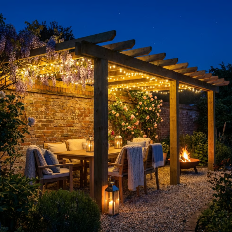 Wooden Lean-To Pergola with Open Slat Roof - Outdoor Garden Pergola Structure