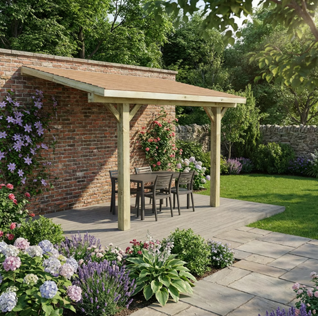 Wooden Lean-To Gazebo with Cedar Featheredge Roof – Space-Saving Garden Shelter