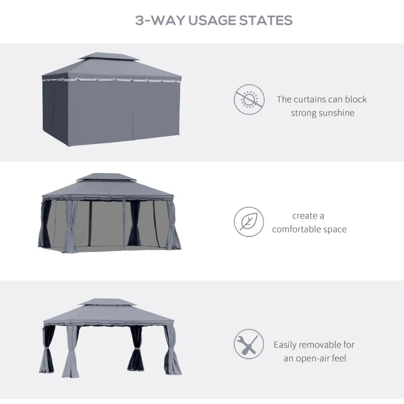 3 x 4m Dark Grey Aluminium Garden Gazebo - Marquee Canopy Shelter Pavilion Tent with Nets and Curtains for Outdoor Parties