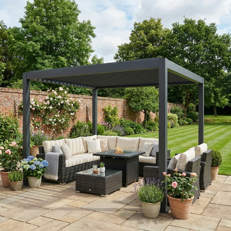 3m x 3m Electric Louvered Aluminium Pergola – Remote Control Roof, Built-In LED Lights, Integrated Drainage, UV & Water Resistant Hardtop Gazebo