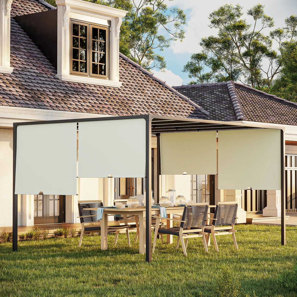 3m x 4m Fully Retractable Metal Garden Pergola – Cream White Canopy Roof with Built-In LED Light Strip, Outdoor Patio Shade Shelter