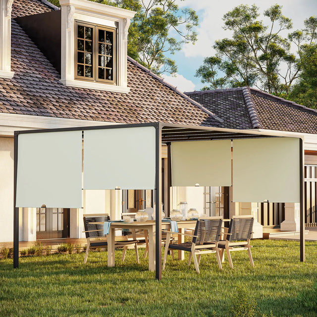 3m x 4m Fully Retractable Metal Garden Pergola – Cream White Canopy Roof with Built-In LED Light Strip, Outdoor Patio Shade Shelter