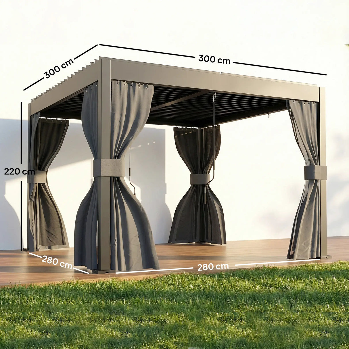 3m x 3m Louvered Pergola with Adjustable Metal Roof – Aluminium Patio Gazebo with Curtains & Netting, Modern Outdoor Garden Shelter in Dark Grey