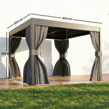 3m x 3m Louvered Pergola with Adjustable Metal Roof – Aluminium Patio Gazebo with Curtains & Netting, Modern Outdoor Garden Shelter in Dark Grey
