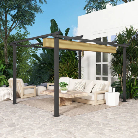 3m x 4m Aluminium Pergola – Khaki Retractable Canopy Roof, Outdoor Garden Shade Shelter