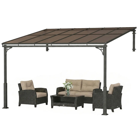 3.4m x 3m Wall-Mounted Lean-To Pergola with Polycarbonate Hardtop Roof – Heavy Duty Aluminium Garden Gazebo, Weather-Resistant Patio & BBQ Shelter, Modern Brown
