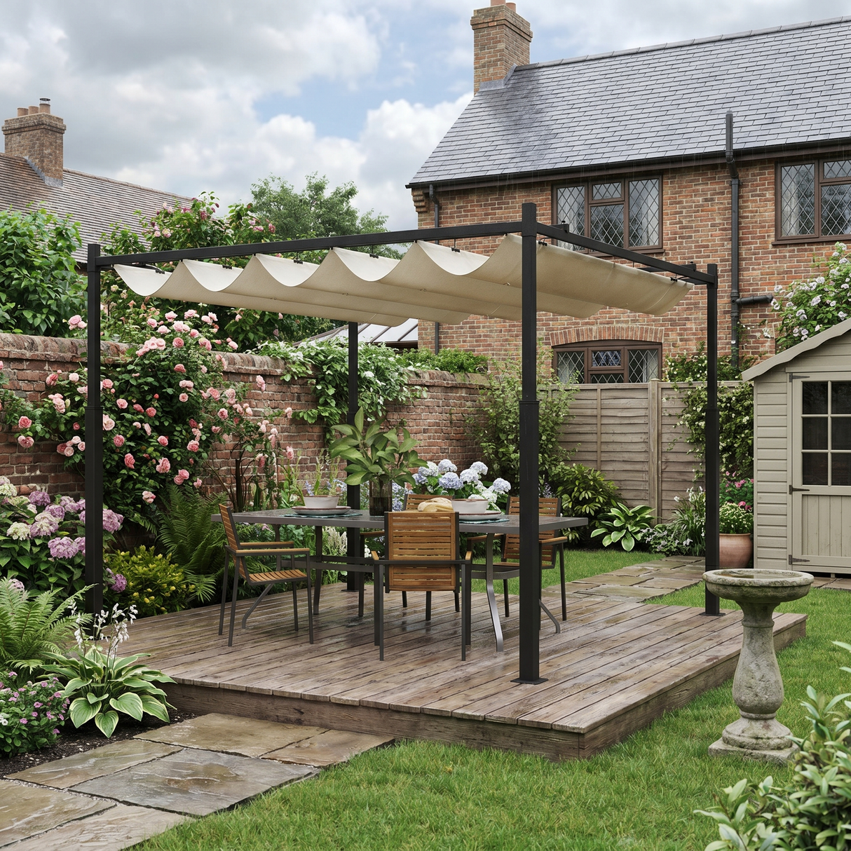3m x 3m Retractable Roof Garden Pergola – Cream White Sun Shade Canopy, Outdoor Patio Shelter