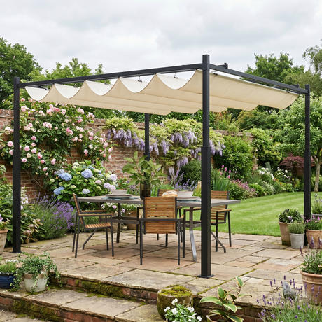 3m x 3m Retractable Roof Garden Pergola – Cream White Sun Shade Canopy, Outdoor Patio Shelter