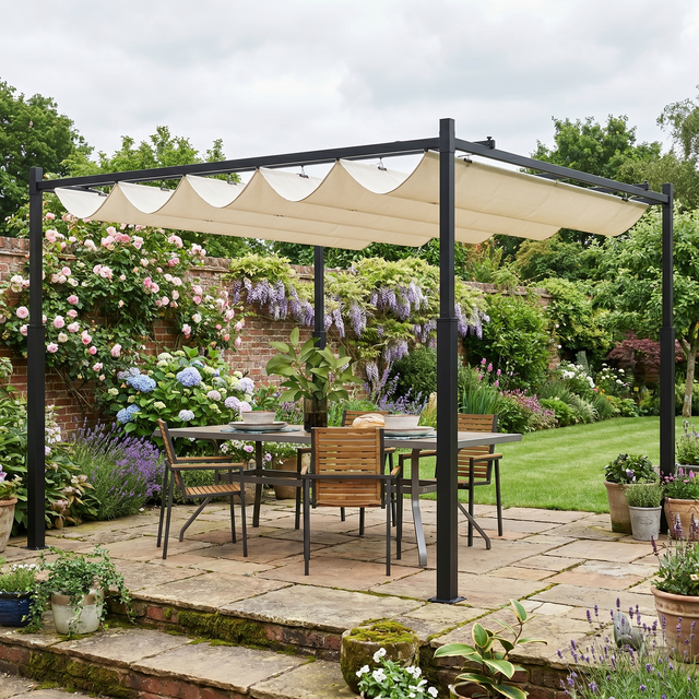 3m x 3m Retractable Roof Garden Pergola – Cream White Sun Shade Canopy, Outdoor Patio Shelter