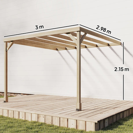 3x3m Lean-To Wooden Pergola Kit – Light Brown Decorative Garden Gazebo with Concrete Anchors & Stable Support Frame