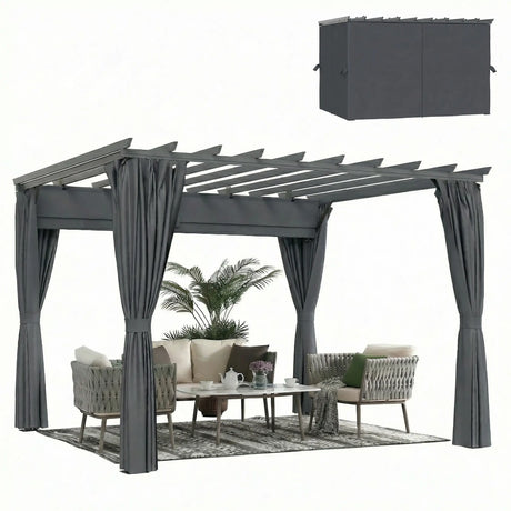 3.6x3m Aluminium Garden Pergola Gazebo with Retractable Roof Canopy & Curtains – Modern Outdoor Sun Shade Shelter, Weather-Resistant Patio Cover, Dark Grey